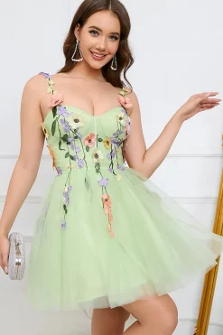 A Line Spaghetti Straps Green Short Prom Dress with Appliques