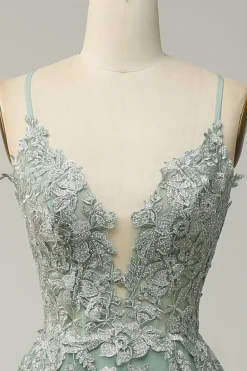 A Line Spaghetti Straps Green Long Prom Dress with Criss Cross Back