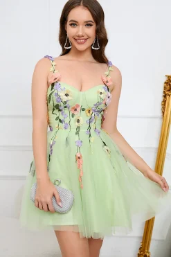 A Line Spaghetti Straps Green Short Prom Dress with Appliques