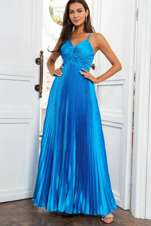 A Line Spaghetti Straps Lake Blue Long Prom Dress