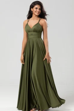 A Line Spaghetti Straps Olive Long Bridesmaid Dress with Ruffles