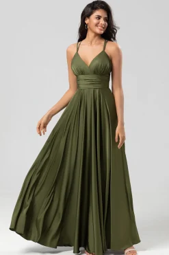A Line Spaghetti Straps Olive Long Bridesmaid Dress with Ruffles