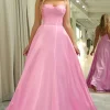 A Line Spaghetti Straps Pink Long Corset Prom Dress