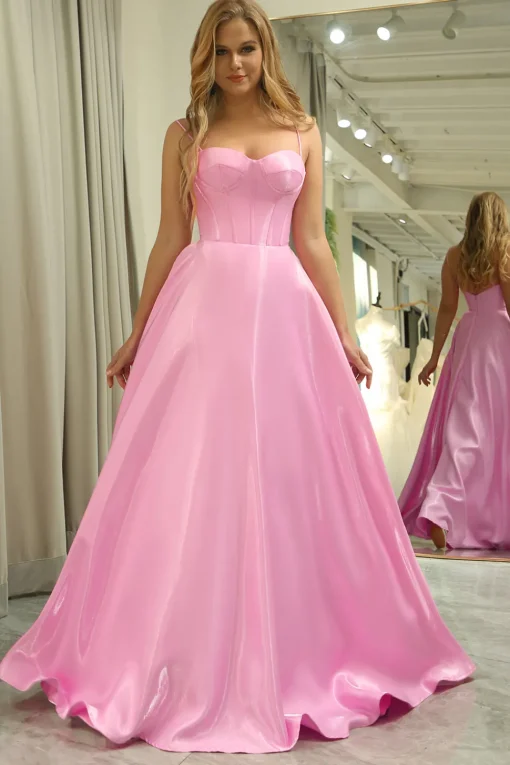 A Line Spaghetti Straps Pink Long Corset Prom Dress