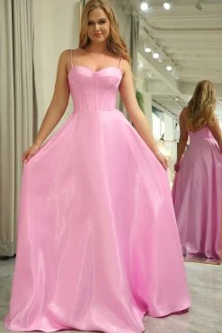 A Line Spaghetti Straps Pink Long Corset Prom Dress