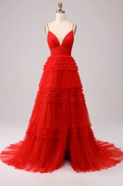 A Line Spaghetti Straps Pink Princess Prom Dress with Ruffles