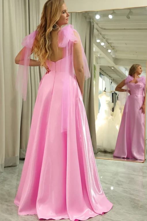 A Line Spaghetti Straps Pink Long Corset Prom Dress
