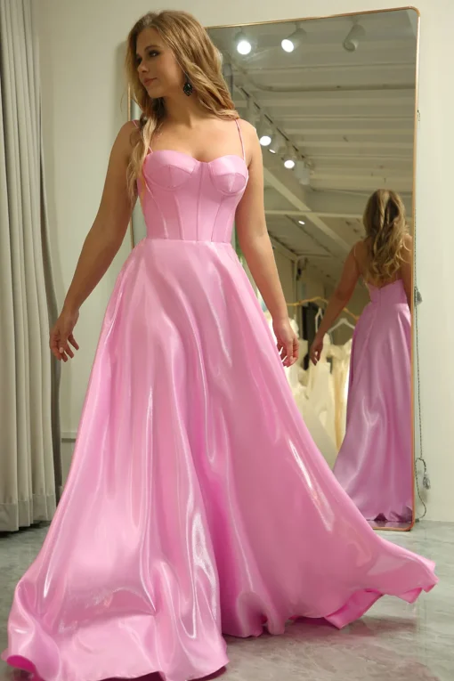 A Line Spaghetti Straps Pink Long Corset Prom Dress