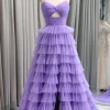 A Line Spaghetti Straps Tulle Long Tiered Prom Dress