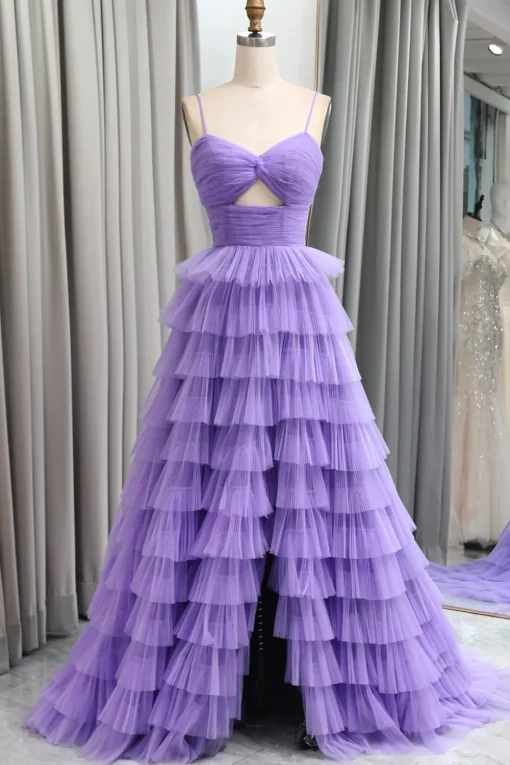 A Line Spaghetti Straps Tulle Long Tiered Prom Dress