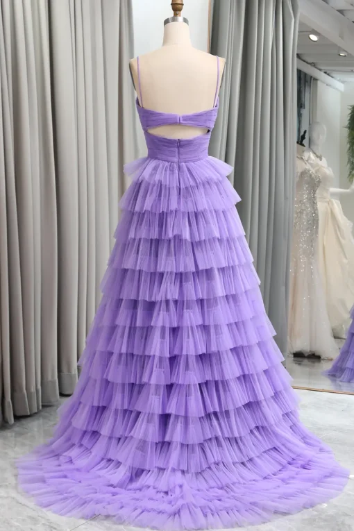 A Line Spaghetti Straps Tulle Long Tiered Prom Dress