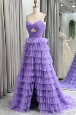 A Line Spaghetti Straps Tulle Long Tiered Prom Dress