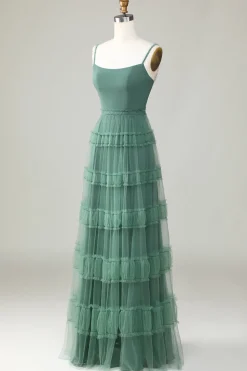 A Line Spaghetti Straps Tulle Eucalyptus Bridesmaid Dress