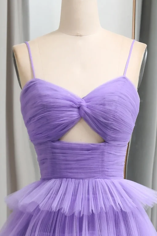 A Line Spaghetti Straps Tulle Long Tiered Prom Dress