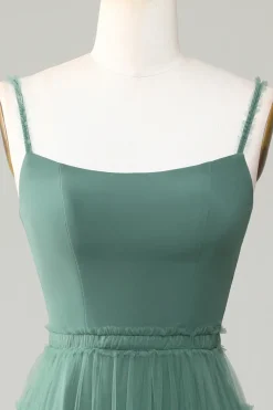 A Line Spaghetti Straps Tulle Eucalyptus Bridesmaid Dress