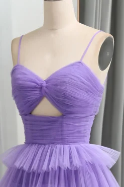 A Line Spaghetti Straps Tulle Long Tiered Prom Dress