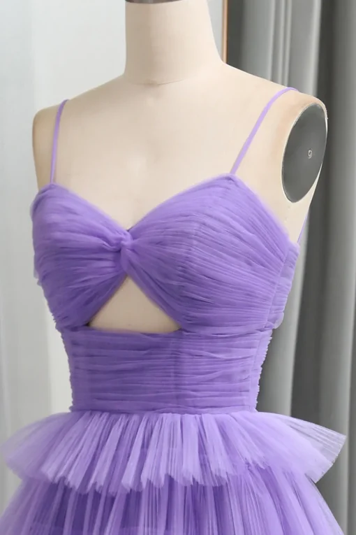 A Line Spaghetti Straps Tulle Long Tiered Prom Dress