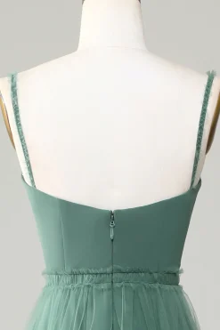 A Line Spaghetti Straps Tulle Eucalyptus Bridesmaid Dress