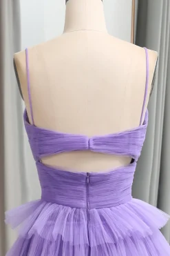 A Line Spaghetti Straps Tulle Long Tiered Prom Dress