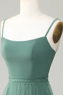 A Line Spaghetti Straps Tulle Eucalyptus Bridesmaid Dress