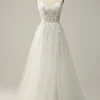A Line Spaghetti Straps White Long Bridal Dress with Appliques