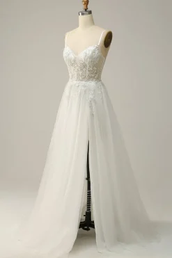 A Line Spaghetti Straps White Long Bridal Dress with Appliques