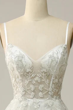 A Line Spaghetti Straps White Long Bridal Dress with Appliques