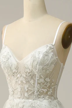 A Line Spaghetti Straps White Long Bridal Dress with Appliques