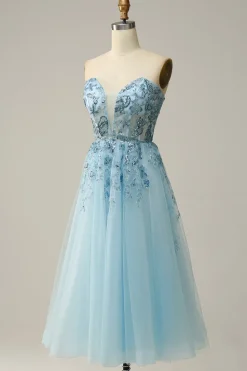 A Line Strapless Beading Corset Prom Dress