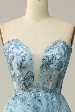 A Line Strapless Beading Corset Prom Dress