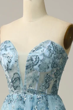 A Line Strapless Beading Corset Prom Dress