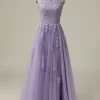 A Line Strapless Light Purple Long Prom Dress with Appliques