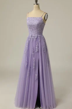 A Line Strapless Light Purple Long Prom Dress with Appliques