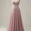 A Line Strapless Sparkly Corset Prom Dress with Appliques