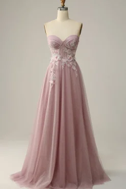 A Line Strapless Sparkly Corset Prom Dress with Appliques