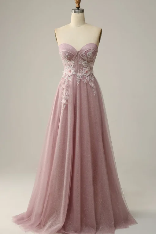 A Line Strapless Sparkly Corset Prom Dress with Appliques