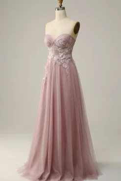 A Line Strapless Sparkly Corset Prom Dress with Appliques