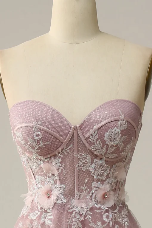 A Line Strapless Sparkly Corset Prom Dress with Appliques