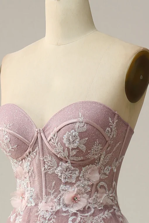 A Line Strapless Sparkly Corset Prom Dress with Appliques