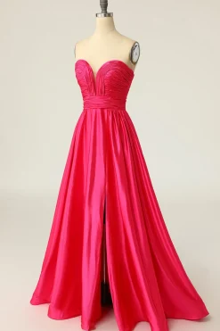 A Line Sweetheart Hot Pink Long Prom Dress with Ruched