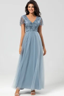A Line V Neck Dusty Blue Long Bridesmaid Dress with Beading