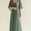 Agave Chiffon Pleated Flare Sleeves V Neck Mother of The Bride Dress