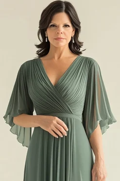 Agave Chiffon Pleated Flare Sleeves V Neck Mother of The Bride Dress