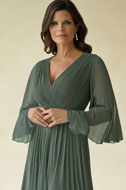 Agave Chiffon Pleated Flare Sleeves V Neck Mother of The Bride Dress