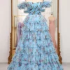 A-line Blue Printed Convertible Off the Shoulder Long Tiered Prom Dress
