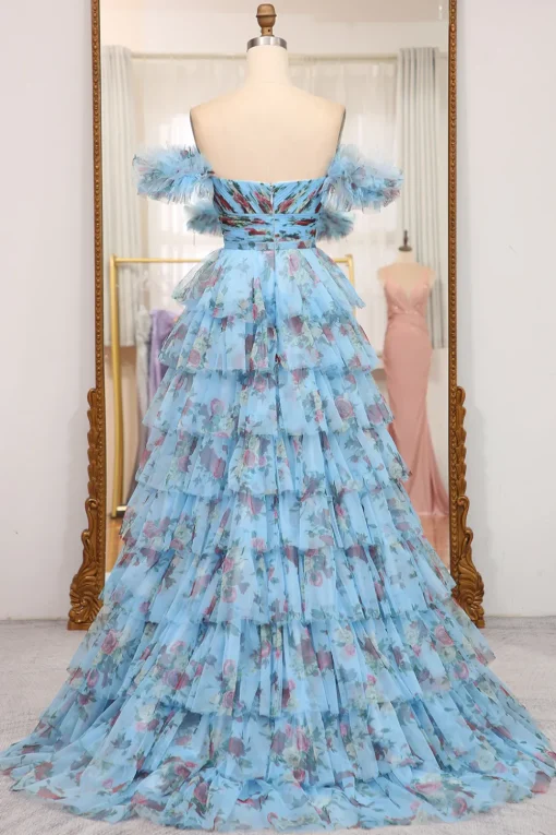 A-line Blue Printed Convertible Off the Shoulder Long Tiered Prom Dress