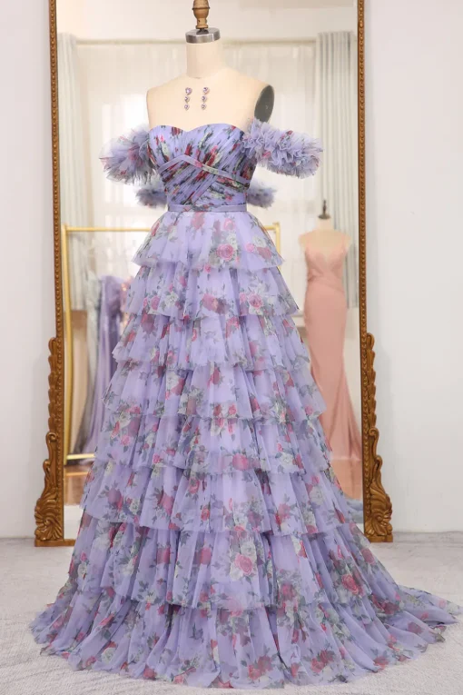 A-line Blue Printed Convertible Off the Shoulder Long Tiered Prom Dress