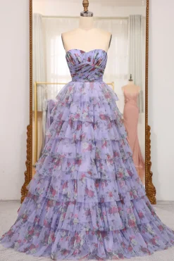 A-line Blue Printed Convertible Off the Shoulder Long Tiered Prom Dress