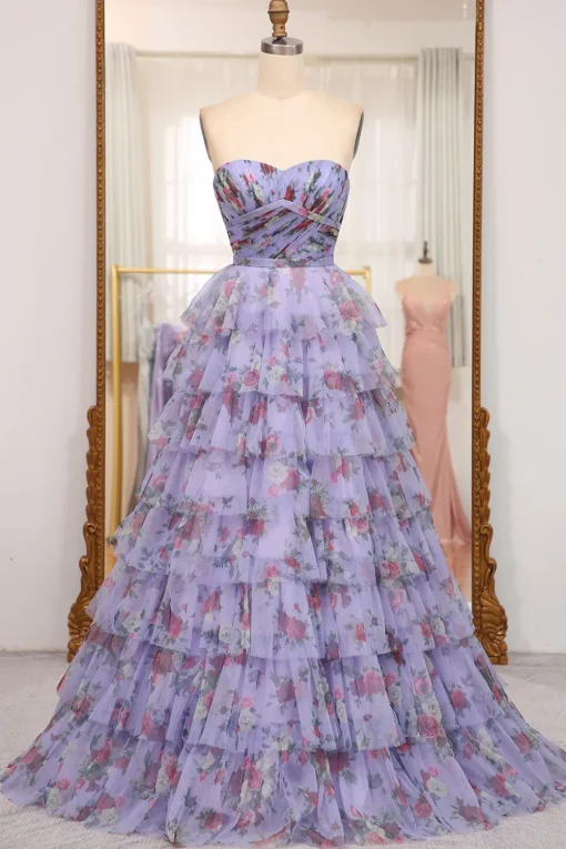 A-line Blue Printed Convertible Off the Shoulder Long Tiered Prom Dress