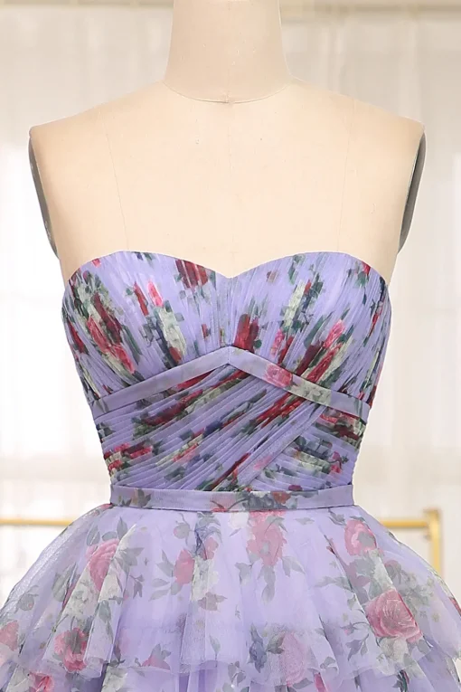 A-line Blue Printed Convertible Off the Shoulder Long Tiered Prom Dress